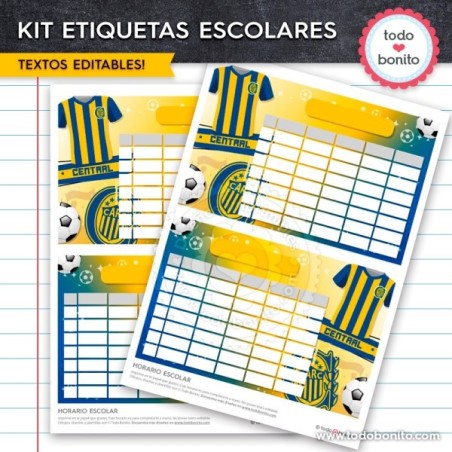 Fútbol Rosario Central: Kit imprimible etiquetas escolares