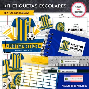Fútbol Rosario Central: Kit imprimible etiquetas escolares