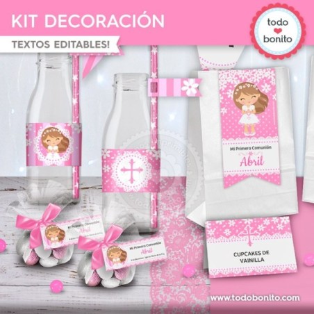 Comunión margaritas rosa: kit imprimible decoración de fiesta