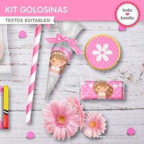 Comunión margaritas rosa: kit etiquetas de golosinas