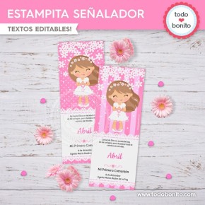 Comunión margaritas rosa: Estampita señalador