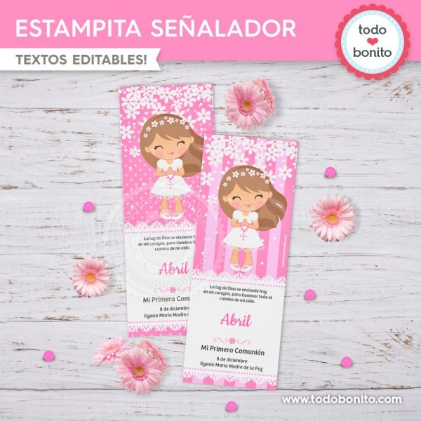 Comunión margaritas rosa: Estampita señalador Comunión margaritas rosa: Estampita señalador