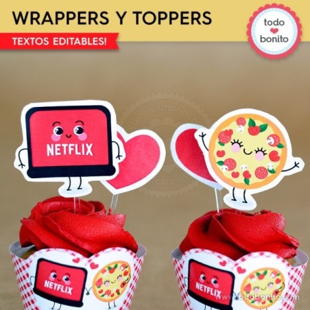 Netflix y Pizza:  wrappers y toppers cupcakes