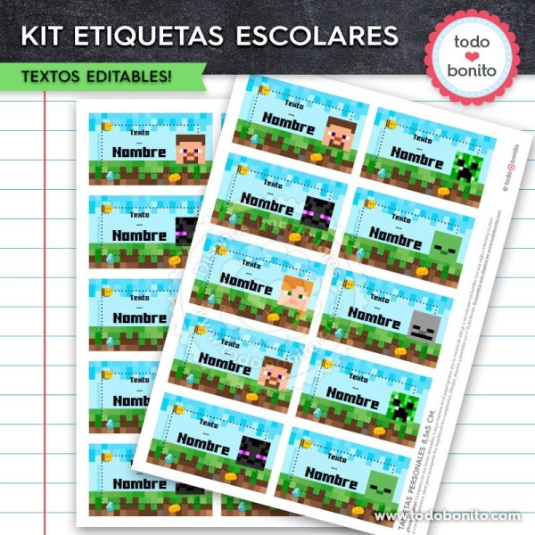 Minecraft: Kit imprimible etiquetas escolares