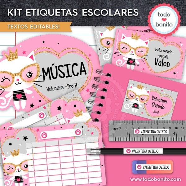 Gatita: Kit imprimible etiquetas escolares Gatita: Kit imprimible etiquetas escolares