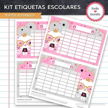 Gatita: Kit imprimible etiquetas escolares