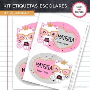 Gatita: Kit imprimible etiquetas escolares