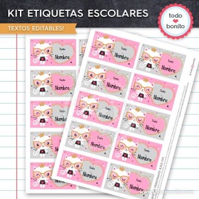 Gatita: Kit imprimible etiquetas escolares