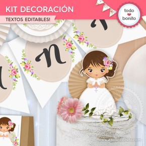 Kits imprimibles de Comunión de niña con flores blancas - Todo Bonito