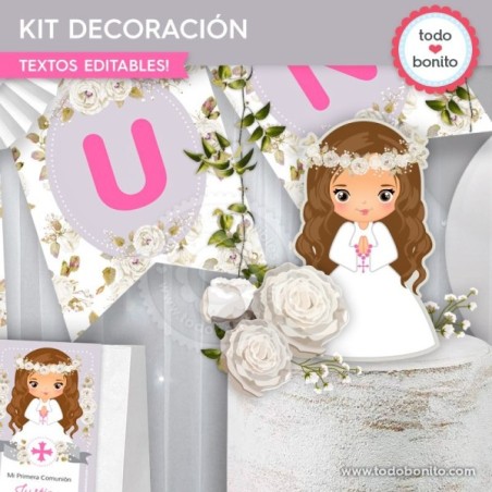 Primera Comunión modelo Justina: kit imprimible decoración de fiesta