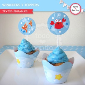 Animalitos de Mar: wrappers y toppers para cupcakes