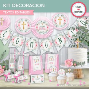 Follaje, flores y cruz: kit imprimible decoración de fiesta