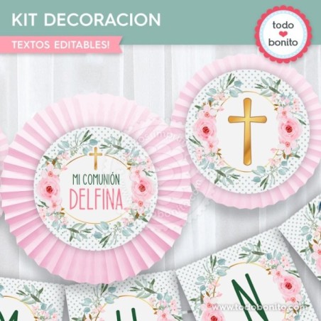 Follaje, flores y cruz: kit imprimible decoración de fiesta