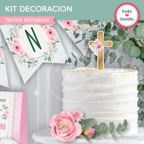 Follaje, flores y cruz: kit imprimible decoración de fiesta