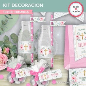 Follaje, flores y cruz: kit imprimible decoración de fiesta