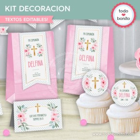 Follaje, flores y cruz: kit imprimible decoración de fiesta