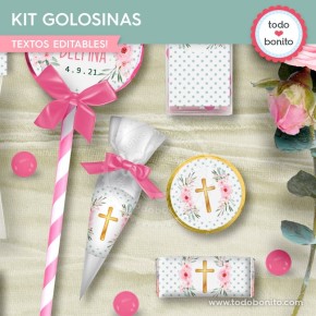 Follaje, flores y cruz: kit etiquetas de golosinas