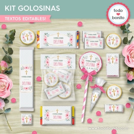 Follaje, flores y cruz: kit etiquetas de golosinas