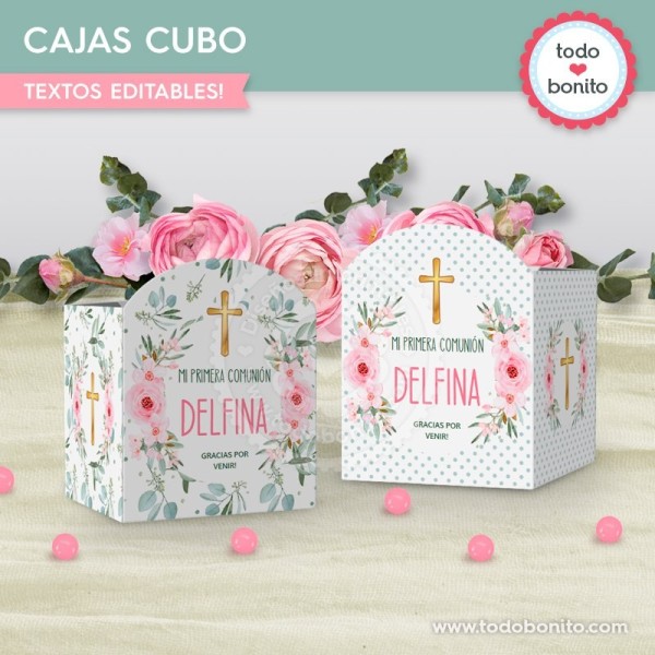 Follaje, flores y cruz: cajitas cubo