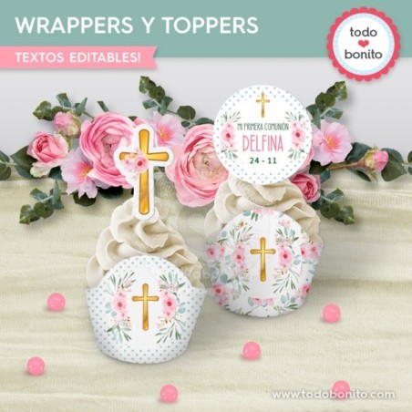 Follaje, flores y cruz: wrappers y toppers