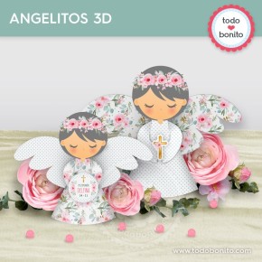 Follaje, flores y cruz: angelitos 3D