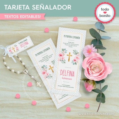 Follaje, flores y cruz: tarjeta señalador