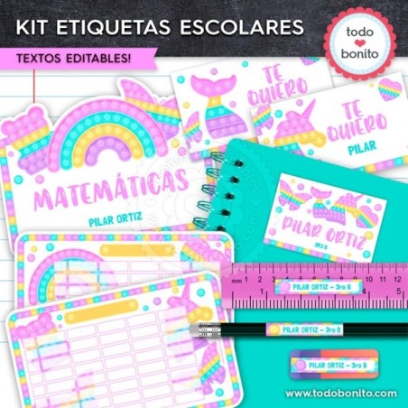 Pop it colores pastel: Kit imprimible etiquetas escolares