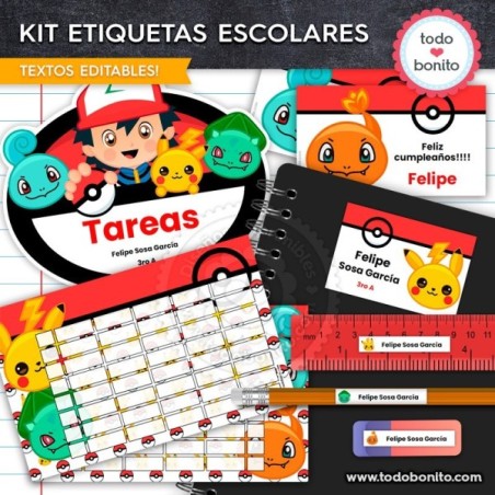 Pokémon: Kit imprimible etiquetas escolares