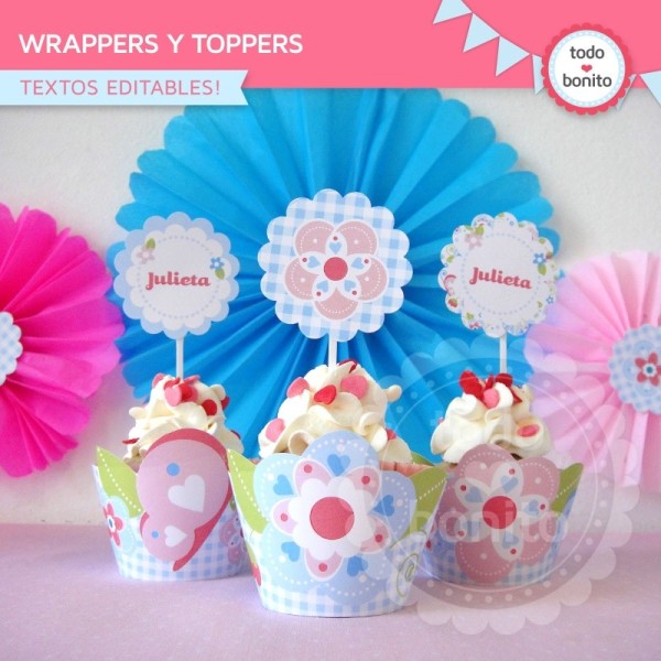 Flores y mariposas: wrappers y toppers para cupcakes
