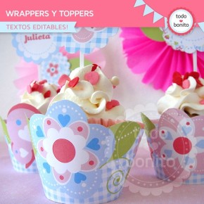 Flores y mariposas:  wrappers y toppers para cupcakes