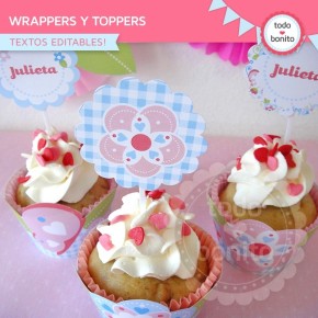 Flores y mariposas:  wrappers y toppers para cupcakes