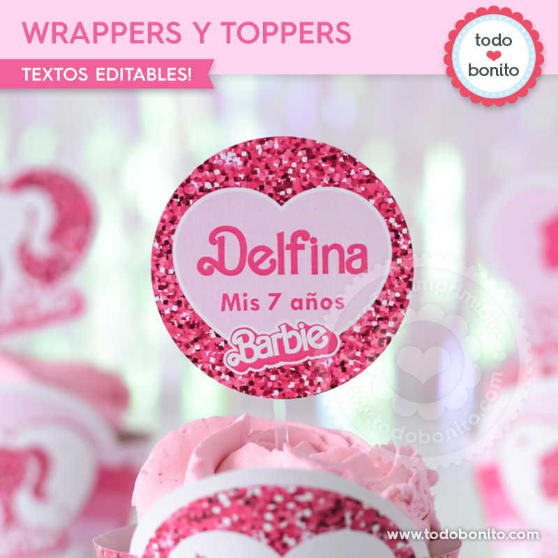 Barbie glitter wrappers y toppers cupcakes