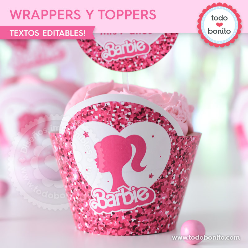 Barbie glitter wrappers y toppers cupcakes
