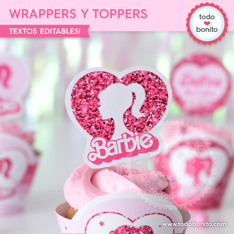 Barbie glitter wrappers y toppers cupcakes