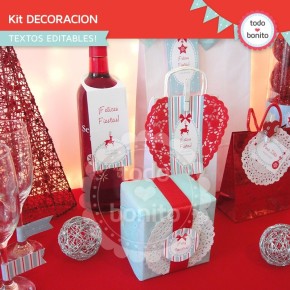 Navidad aqua y rojo: kit decoración imprimible