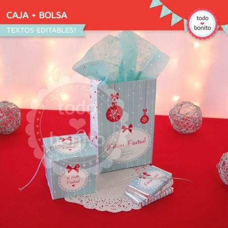 Navidad aqua y rojo: bolsa y cajita