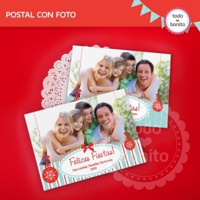 Navidad aqua y rojo: postal con foto